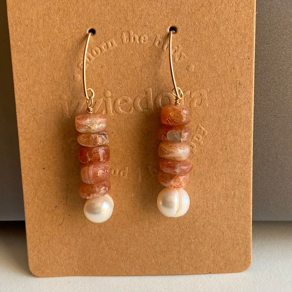 Natural sunstone and freshwater Pearl 14k GF Earring